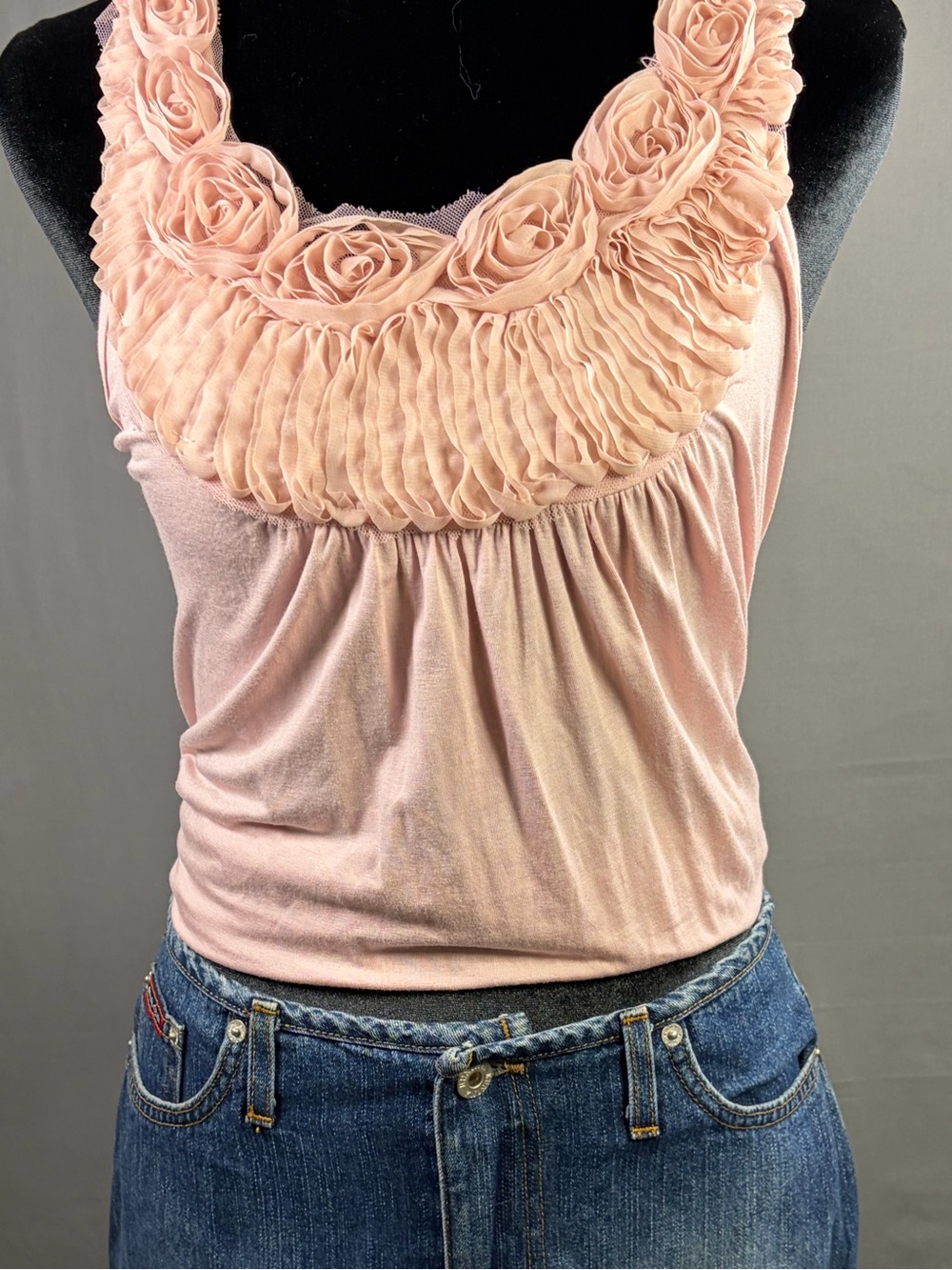 Forever 21 Vintage Y2K Light Blush Pink Rosette Ruffle Camisole Made in USA